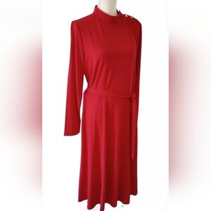 Appleseeds Midi Dress Large Solid Red Gold Buttons Stretch Long Sleeve Mock Neck
